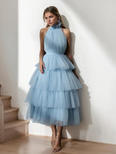 A-Line/Princess Halter Neck Sleeveless Tea-Length Prom Cocktail Dresses with Lace