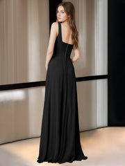 A Line/Princess Square Neck Sleeveless Floor-Length Bridesmaid Dresses with Split Side