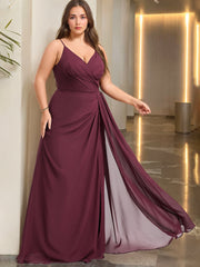 A Line/Princess Spaghetti Straps V-Neck Sleeveless Unique Plus Size Bridesmaid Dresses with Ruffles & Split Side