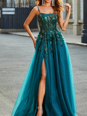 A-Line/Princess Spaghetti Straps Sleeveless Floor-Length Evening Dress with Appliques