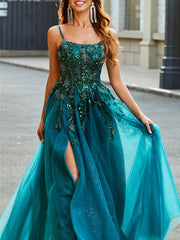 A-Line/Princess Spaghetti Straps Sleeveless Floor-Length Evening Dress with Appliques