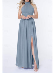 A Line/Princess Halter Neck Sleeveless Elegant Floor-Length Wedding Guest Dress