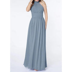 A Line/Princess Halter Neck Sleeveless Elegant Floor-Length Wedding Guest Dress