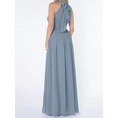 A Line/Princess Halter Neck Sleeveless Elegant Floor-Length Wedding Guest Dress