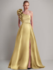 A-Line Floor Length Sleeveless One Shoulder Wedding Guest Dress Satin with Pocket Shoulder Flower