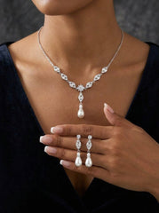 1 set Bridal Jewelry Two-piece Suit Rhinestone Imitation Diamond Necklace Earrings Women's Jewelry Set For Wedding Gift