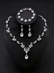 1 set Bridal Jewelry Three-piece Suit Rhinestone Imitation Diamond Necklace Earrings Bracelet Women's Jewelry Set For Wedding Gift