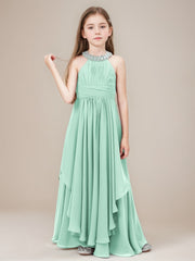 A-line/Princess Beaded Halter Ruched Floor-Length Junior Bridesmaid Dress with Ruffles