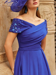 A Line/Princess V-Neck Short Sleeves Tea-Length Mother of the Bride Dresses With Sequins
