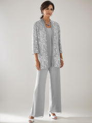 3 Pieces Scoop Neck 3/4 Sleeves Ankle-Length Mother of the Bride Pantsuits with Lace & Sequins & Jacket