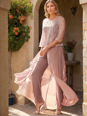 2 Pieces Scoop 3/4 Sleeves Floor-Length Mother of the Bride Pantsuits with Lace Appliques