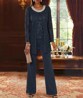 3 Pieces Chiffon Jewel Neck Mother of the Bride Pantsuits with Jacket Lace Ankle-Length Half Sleeves