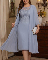 2 Pieces Sheath/Column Scoop Chiffon Plus Size Mother of the Bride Dresses with Jacket Lace Knee-Length 3/4 Sleeves