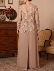 3 Pieces Square Collar Chiffon Plus Size Mother of the Bride Pantsuits with Jacket Overskirt Lace Floral Floor-Length Long Sleeves