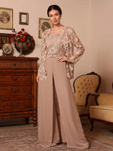 3 Pieces Square Collar Chiffon Mother of the Bride Pantsuits with Jacket Overskirt Lace Floor-Length Long Sleeves