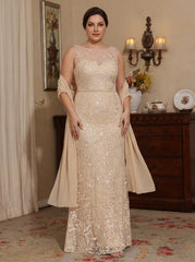 2 Pieces Sheath/Column Lace Plus Size Mother of the Bride Dresses with Shawl Scoop Beading Sleeveless Floor-Length