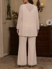 3 Pieces V-Neck Chiffon Plus Size Mother of the Bride Pantsuits with Jacket Sequins Ankle-Length Long Sleeves