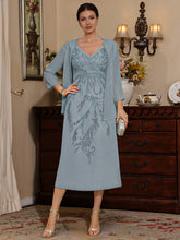 2 Pieces Sheath/Column V-Neck Chiffon Mother of the Bride Dresses with Jacket Sequins Tea-Length Long Sleeves