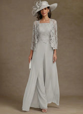 3 Pieces Square Collar Chiffon Mother of the Bride Pantsuits with Jacket Lace Ankle-Length with Overskirt Long Sleeves
