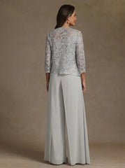 3 Pieces Square Collar Chiffon Mother of the Bride Pantsuits with Jacket Lace Ankle-Length with Overskirt Long Sleeves