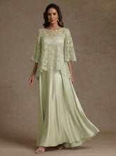 2 Pieces A-Line/Princess Silk Satin Scoop Mother ofthe Bride Dresses Lace Floor Length Short Sleeves