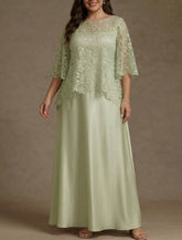 2 Pieces A-Line/Princess Silk Satin Scoop Plus Size Mother ofthe Bride Dresses Lace Floor Length Short Sleeves