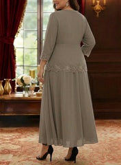 2 Pieces A-Line/Princess V-Neck Chiffon Plus Size Mother of the Bride Dresses with Jacket Lace Ankle-Length 3/4 Sleeves
