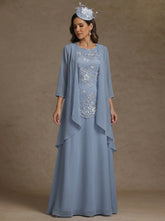 2 Pieces A-Line/Princess Scoop Chiffon Mother of the Bride Dresses with Jacket Floor-Length 3/4 Sleeves Lace