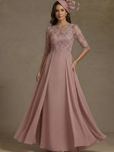 A-Line/Princess Boat Neck Chiffon Mother of the Bride Dresses Lace Floor-Length Half Sleeves