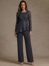 3 Pieces Suit Scoop Chiffon Mother of the Bride Pantsuits Lace Ankle-Length Long Sleeves