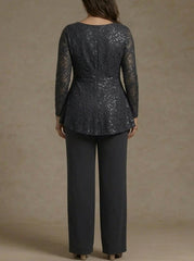 3 Pieces Suit Scoop Chiffon Plus Size Mother of the Bride Pantsuits Lace Ankle-Length Long Sleeves