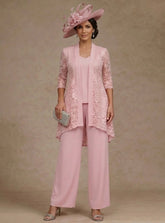 3 Pieces Suit V-Neck Chiffon Mother of the Bride Pantsuits with Jacket Lace Ankle-Length 3/4 Sleeves