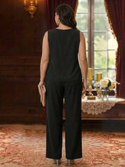 3 Pieces Suit Scoop Chiffon Plus Size Mother of the Bride Pantsuits with Jacket Sequins Ankle-Length 3/4 Sleeves