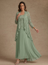 3 Pieces Suit A-Line/Princess V-Neck Chiffon Mother of the Bride Dresses with Jacket Lace Ankle-Length 3/4 Sleeves