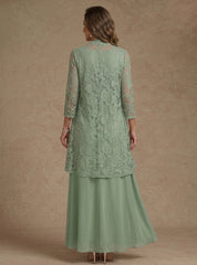 3 Pieces Suit A-Line/Princess V-Neck Chiffon Mother of the Bride Dresses with Jacket Lace Ankle-Length 3/4 Sleeves