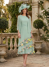 2 Pieces A-Line/Princess Scoop Chiffon Mother of the Bride Dresses with Jacket Tea-Length 3/4 Sleeves Floral