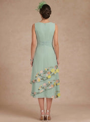 2 Pieces A-Line/Princess Scoop Chiffon Mother of the Bride Dresses with Jacket Tea-Length 3/4 Sleeves Floral