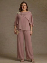 2 Piece Boat Neck Chiffon Plus Size Mother of the Bride Pantsuits Cape Sleeves Ankle-Length Rhinestone