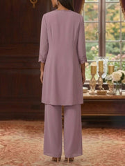 3 Pieces Suit V-Neck Chiffon Mother of the Bride Pantsuits with Jacket 3/4 Sleeves Ankle-Length Sequins Lace