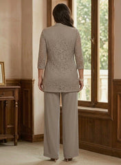 3 Pieces Suit Scoop Chiffon Plus Size Mother of the Bride Pantsuits with Jacket 3/4 Sleeves Lace Ankle-Length