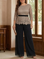2 Piece Scoop Chiffon Plus Size Mother of the Bride Pantsuits Lace 3/4 Sleeves Ankle-Length Belt