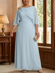 A-Line/Princess Boat Neck Chiffon Plus Size Mother of the Bride Dresses Cape Sleeves Ankle-Length Rhinestone