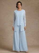 3 Pieces Chiffon Scoop Mother of the Bride Pantsuits with Jacket Lace Floral Ankle-Length Long Sleeves