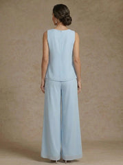 3 Pieces Chiffon Scoop Mother of the Bride Pantsuits with Jacket Lace Floral Ankle-Length Long Sleeves