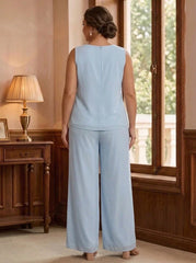 3 Pieces Chiffon Scoop Plus Size Mother of the Bride Pantsuits with Jacket Lace Floral Ankle-Length Long Sleeves