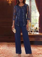 3 Pieces Chiffon Scoop Mother of the Bride Pantsuits with Lace Floral Jacket Ankle-Length 3/4 Sleeves