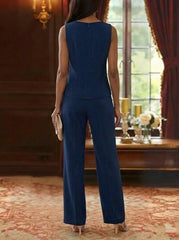 3 Pieces Suit Scoop Chiffon Mother of the Bride Pantsuits with Jacket Floral Long Sleeves Ankle-Length