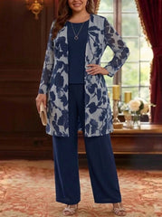 3 Pieces Suit Scoop Chiffon Plus Size Mother of the Bride Pantsuits with Jacket Floral Long Sleeves Ankle-Length