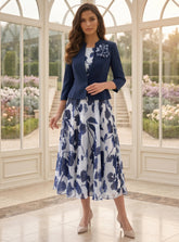 2 Pieces A-Line/Princess Scoop Chiffon Mother of the Bride Dresses with Jacket Stretch Satin Floral 3/4 Sleeves Tea-Length 3D Flower