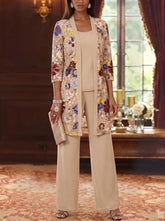 3 Pieces Chiffon Scoop Mother of the Bride Pantsuits with Jacket Ankle-Length 3/4 Sleeves Lace Floral